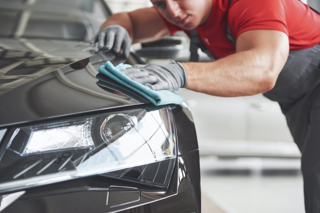 Professional cleaning and car wash in the car showroom